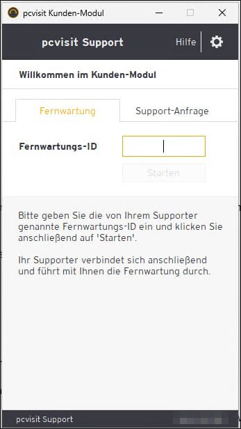 Das pcvisit-Kundenmodul mit Eingabefeld für die Fernwartungs-ID.